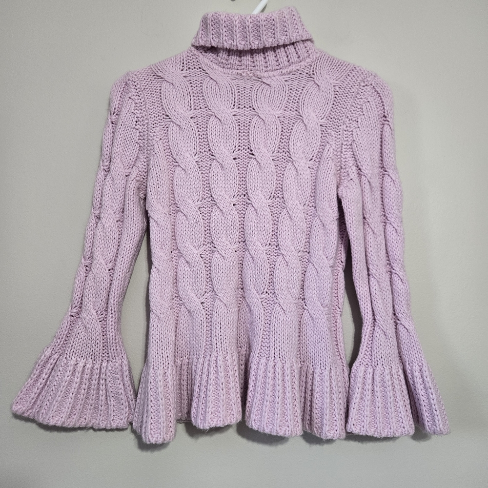Vintage 1990s Cable Knit Wool Blend Sweater 3/4 Bell Sleeves Pink XS